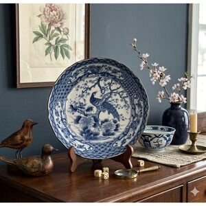 Vintage Japanese Arita Blue White Peacock Porcelain Bowl Scalloped Imari Plate